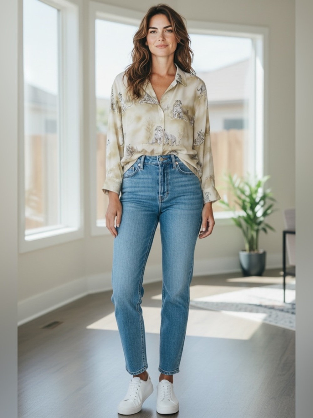 TE CAVALIER Beige Leopard-Illustration Button-Up Blouse